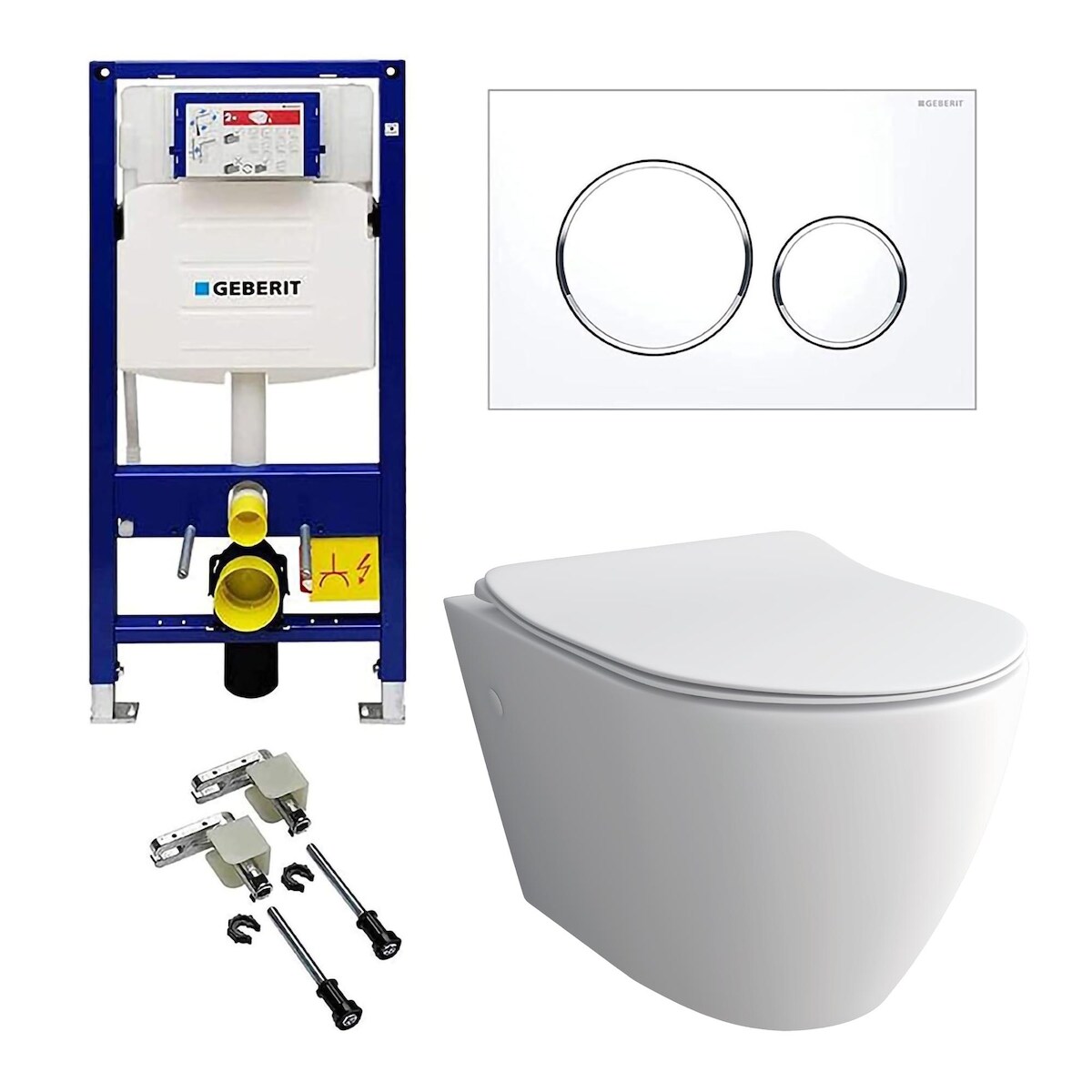 Alpenberger Toiletten Komplett Set mit Geberit Spülkasten, Drückerplatte und Bausatz | Spülrandloses Hänge WC mit WC Sitz | Wand WC Vorwandelement WC Image
