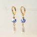 Anthropologie Jewelry | Blue & White Floral Pearl With Gold Huggie Hoop Dangle Earrings | Color: Blue/White | Size: Os