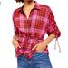 Free People Tops | New Free People Plaid Ruched 3/4 Sleeve Snap Front Top, Size Xs, Red Pink | Color: Pink/Red | Size: Xs