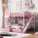 Full Over Full Wooden Bunk Bed with 2 Drawers & 3 Shelves, Castle Style Stairway Bedframe with Slide & Safety Guardrails, Pink