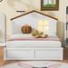 Twin Size Platform Bed with House-shaped Headboard, Pine Wooden Bed with Built-in LED for Bedroom, Walnut+White