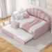 Full Size Daybed Frame with Shall Shaped Backrest, Upholstery Bed with Trundle, Pine Wooden Bed with Arm, Pink