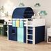 Unique Color Design Twin Size Loft Bed with Tent, Kid's Bed with Tower, Pine Wooden Bed with Three Pockets, Blue