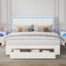 Upholstered Platform Bed, with LED Lights and Two Motion Activated Night Lights, with Drawer, Queen Size, White