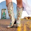 2023 nuovi stivali da Cowboy per donna tacchi grossi in pelle punta a punta stivali Western ricamati