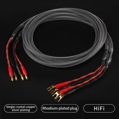YYAUDIO One Pair HiFi Speaker Cable High Purity 6N OFC Core with Banana and Y 24K Gold Plug Horn Cable for Amplifier Speaker