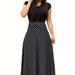 Plus Size Colorblock Polka Dot Short Sleeve Maxi Dress, Women's Plus Elegant Medium Stretch Maxi Dress