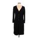 DKNY Casual Dress - Shirtdress V Neck 3/4 sleeves: Black Print Dresses - Women's Size Large