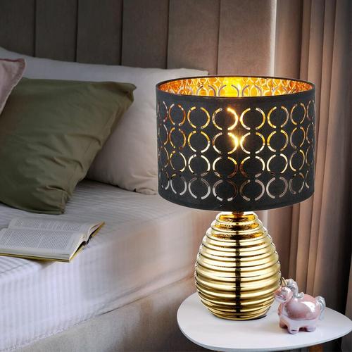 Tischleuchte schwarz gold Nachttischleuchte Retro Schlafzimmer Tischlampe mit Stoffschirm, Samt