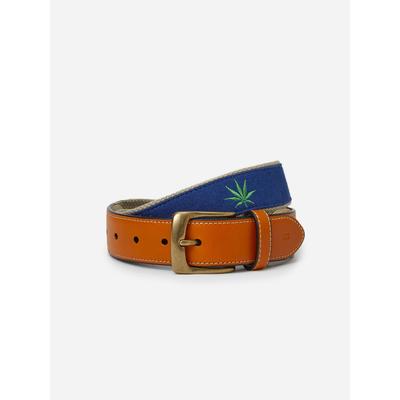 J.McLaughlin Men's Archie Embroidered Belt in Marijuana Leaf Navy/Green, Size 32 | Cotton