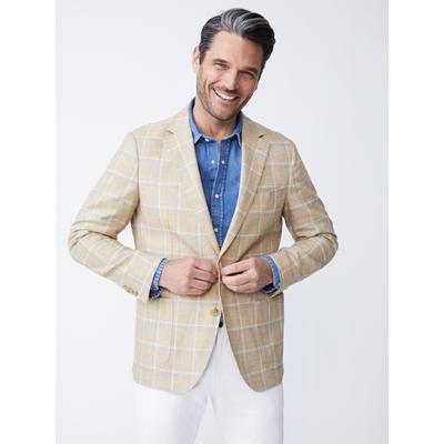 J.McLaughlin Men's Lisbon Linen Sport Coat in Window Pane White/Tan/Blue, Size 38 | Cotton/Linen