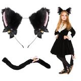 Cat Ears and Tail Set Furry Cat Ears Headband with Bowknot and Tiny Bell Black Cat Costume Set for Halloween Cosplay Party Cat Costume Accessory for Women Girl Kid Adult