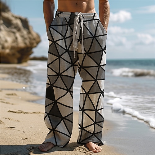 Herren Hawaiianisch Farbblock Plaid / Karomuster Mehrfarbig Hosen Hose 3D-Druck Hose mit geradem Bein Mittlere Taillenlinie Elastischer Kordelzug in der Taille Outdoor Strasse Festtage Sommer Image