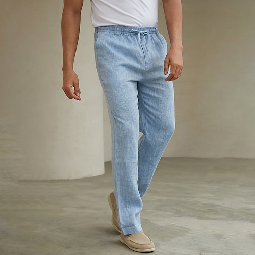 100% Leinen Herren Leinenhosen Hose Freizeithose Kordelzug Elastischer Bund Gerader Schnitt Einfach Komfort Atmungsaktiv Lässig Täglich Ferien Mode Klassicher Stil Marineblau Blau Image