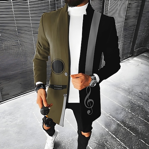 Herren Grafikdrucke Gitarre Wintermantel Mantel Warm Bequem Atmungsaktiv Mode Streetwear Geschäftlich Arbeit Büro-Outfit Ausgehen Tasche Druck Herbst Winter Umlegekragen Langarm Blau Gelb Grün Image