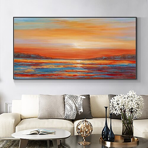 Handgefertigtes Ölgemälde auf Leinwand, Wandkunst, Dekoration, moderne abstrakte Meeres-Sonnenaufgang-Landschaft für Heimdekoration, gerolltes, rahmenloses, ungedehntes Gemälde Image