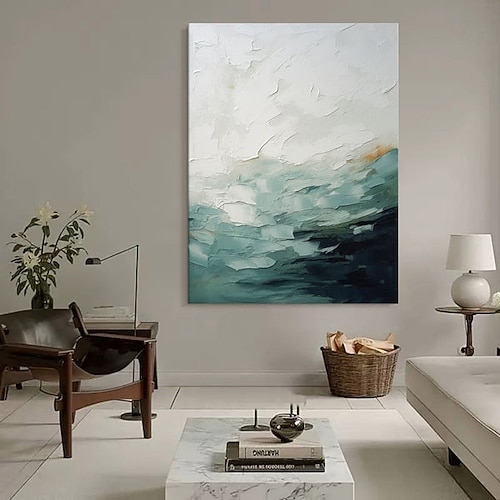 Handgemalte abstrakte Farbwellen-Gemälde, Wandbilder für Wohnzimmer, Schlafzimmer, Gang, friedliches Bild, Leinwandkunst und Meereswellen-Landschaft, grüne Malerei, Heimdekoration Image