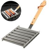 2023 Hot Dog Roller Stainless Steel Sausage Roller Rack with Extra Long Wood Handle BBQ Hot Dog Griller for Evenly Cooked Hot Dog 5 Hot Dog Capacity (1 Pcs)