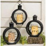 Gerson International Set of Three 10.35-inch Galvanized Metal Lanterns with Printed Inspirational Messages and Built in LED Candle