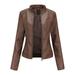 Dezsed Women s Faux Leather Belted Motorcycle Jacket Clearance New Ladies Slim Leather Stand-Up Collar Zipper Stitching Solid Color Jacket Coffee S