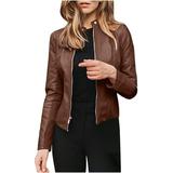 Leather Jacket Women Cropped Jackets Moto Coat Open Front Zip Up Stand Collar Cardigan Slim Motorcycle PU Biker Outwear