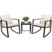 3 Piece Rocking Bistro Set Wicker Patio Outdoor Furniture Porch Chairs Conversation Sets with Glass Coffee Table (Beige)