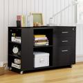 DWVO Mobile Wood File Cabinet with 3 Drawers Lateral Rolling File Cabinet with Open Side Storage Shelves for Home Office Black