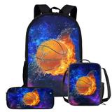 Suhoaziia Fire Basketball Backpack Set of 3 Smooth Zip Around Pencil Case and Keep Warm Lunch Bag for School Boys and Kids Durable Universe Print School Book Bag