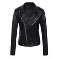 Lovskoo 2024 Women Faux Leather Jacket Moto Biker Coat Trendy Jacket Solid Long Sleeve Zipper Pocket Classic Asymmetrical Motorcycle Jacket Standard Outerwear Tops Short Coat Black