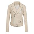 Lovskoo Women Faux Leather Jacket Moto Biker Coat Trendy Jacket Solid Long Sleeve Zipper Pocket Classic Asymmetrical Motorcycle Jacket Standard Outerwear Tops Short Coat Beige