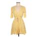 Casual Dress - Mini Plunge 3/4 sleeves: Yellow Print Dresses - Women's Size Medium