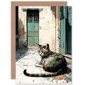 Street Cat Sunbathing on Cobblestone Street Modern Illustration Art Birthday Sealed Greetings Card