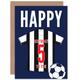 Football Fan 5th Happy Birthday Card for Boys Girls Black White Striped Jersey Football Top on Dark Blue Background
