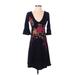 JW Los Angeles Cocktail Dress - A-Line V Neck 3/4 sleeves: Black Floral Dresses - Women's Size X-Small