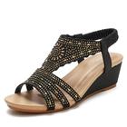 WOFANLULY Womens Ladies Low Wedge Heel Platform Gold Rhinestone T-Bar Slingback Summer Sandals(Black, Size 7.5)