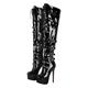 blingqueen Women's Platform Thigh High Boots with Zipper Stiletto Heel Over The Knee High Boots Lace Up Punk Motorcycle Boots Buckles Chains Rivets Ornamented Long Shaft Sock Boots Black Size 4