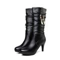 THOYBMO Women's High Boots Black Faux PU Mid Calf Boots Round Toe Winter Warm Stiletto Shoes Rhinestone Chain Decoration Suitable for Casual Outdoor Sports,Black,34