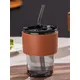 Leeseph 14 oz Glass Cups with Lids and Straws Glass Iced Coffee Cup with Leather Protective Sleeve