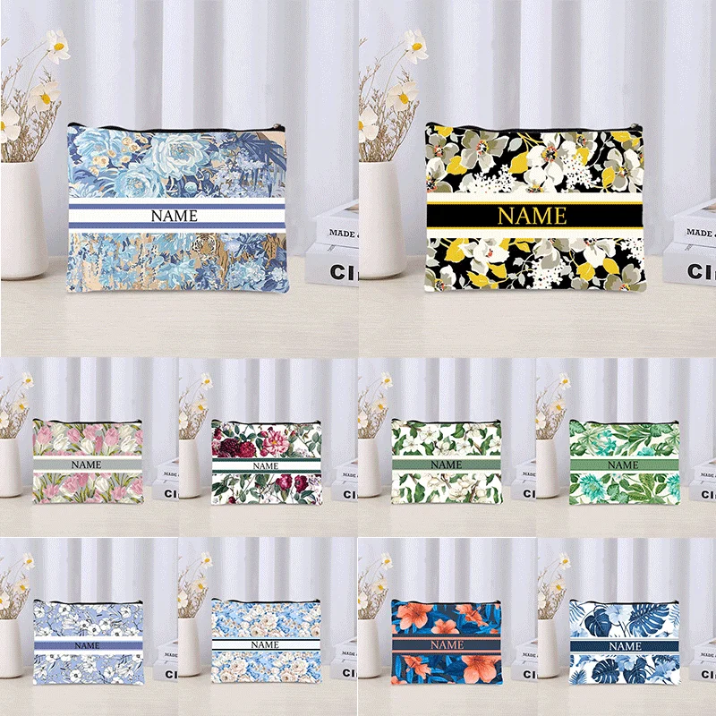 Borsa per cosmetici con nome personalizzato di lusso Borsa per trucco personalizzata floreale Organizzatore per rossetto da viaggio Borsa in tela con pochette per trucco alla moda