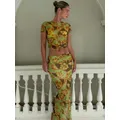 WeiYao-Robe en maille vintage verte à imprimé floral pour femmes robe longue slim sexy