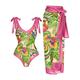 2 pcs Swimwear Cover Up Swimsuits Retro Vintage 1980s Women's Floral Polyester Pink Skirt One-piece Swimswuit