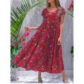 Women's Swing Dress Tiered Dress Floral Ditsy Floral Print Crew Neck Long Dress Maxi Dress Tropical Boho Home Holiday Short Sleeve Regular Fit Wine Blue Green Summer Fall S M L XL 2XL