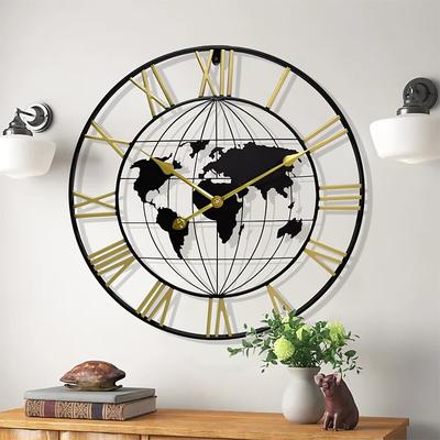 Large World Map Wall Clock Metal Minimalist Modern Clock Round Silent Non-Ticking Battery Operated Wall Clocks for Living Room Home Kitchen Bedroom Office School Decor 60 cm