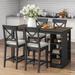 60"Lx30"W Solid Wood Farmhouse Counter Height Dining Table Set with 3-Tier Storage Shelves, Upholstered Dining Chairs for 4