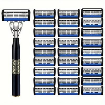 Safety Razors Washable Classic Metal Normal Beard And Mustache, 7-layers Manual Men's Razor, Stainless Steel Blades Razor For Men With Precision Trimmer, Metal Razor Holder, Replacement Blades
