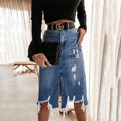 Femme Jupe Jupe mi longue en jean Midi Taille haute Jupes Poche Dechire Couleur Pleine Casual Quotidien Fin de semaine Ete Jean Mode Decontractees Noir Bleu Shopping