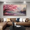 Paysage d'arbre en fleurs de cerisier rose peint à la main, peinture à l'huile épaisse, texture de fleurs, art lumineux, décoration de maison (sans cadre)