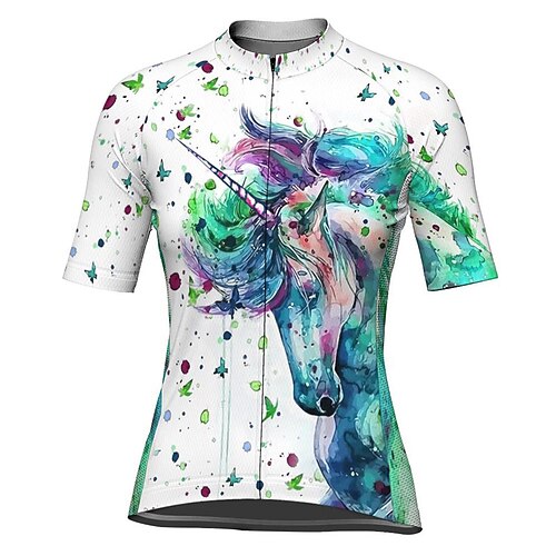 Damen Radtrikot Einhorn Kurzarm Fahhrad Trikot Oberteil mit 3 Gesäßtaschen Mountainbike MTB Straßenradsport Schnelltrocknend Reflektierende Streifen Rückentasche Feuchtigkeitsableitend Sport Wei Image