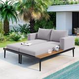 2 in 1 Outdoor Patio Daybed with Wood Topped Side Spaces Double Chaise Lounger Sleeper Sunbed for Drinks All Weather Garden Loveseat Couch Reclining Chairs for Poolside Balcony Deck Gray