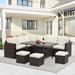 Furniture Set 7PCS Outdoor Conversation Set All Weather Brown Wicker Sectional Sofa Couch Dining Table Chair with Ottoman Ivory Cushion